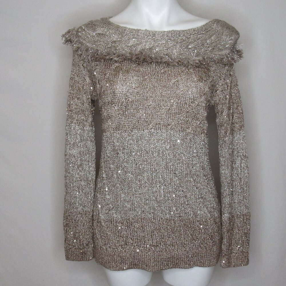White House Black Market Boat Neck Fringe Sequin Gold Metallic Sweater Women's S